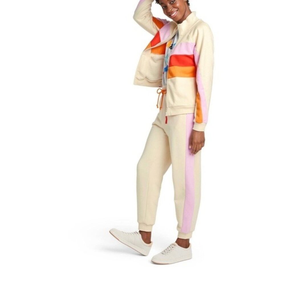 NWT LEGO Womens Drawstring Track Pants Joggers Cream Pink Stripe Pockets Sz XXS